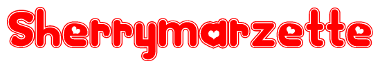 The image is a red and white graphic with the word Sherrymarzette written in a decorative script. Each letter in  is contained within its own outlined bubble-like shape. Inside each letter, there is a white heart symbol.