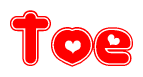The image displays the word Toe written in a stylized red font with hearts inside the letters.