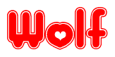 The image is a clipart featuring the word Wolf written in a stylized font with a heart shape replacing inserted into the center of each letter. The color scheme of the text and hearts is red with a light outline.