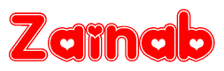 The image is a clipart featuring the word Zainab written in a stylized font with a heart shape replacing inserted into the center of each letter. The color scheme of the text and hearts is red with a light outline.