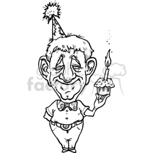 This clipart image depicts a cheerful senior man holding a cupcake with a single lit candle on it. He is wearing a party hat and a bowtie, and he has a pleasant smile on his face, suggesting a celebration like a birthday or anniversary. The man seems to be standing in a relaxed posture with a happy demeanor.