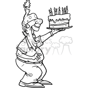 The image is a black and white clipart depicting a person wearing a party hat, smiling, and holding a birthday cake with lit candles on a plate. The person seems to be in a celebratory mood and appears happy, as indicated by the smile, which aligns with themes of birthdays, anniversaries, and parties.
