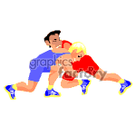 The clipart image depicts two wrestlers in a grappling position. One wrestler is in a blue singlet, and the other is in a red singlet. Both wrestlers are in a crouched position, engaging in a wrestling match.