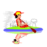 The clipart image depicts a person paddling a kayak. The individual is wearing a red sleeveless top, shorts, and a red cap. They appear to be seated in a colorful kayak, wielding a paddle with both hands. There's a suggestion of water represented by blue lines near the bottom of the kayak.