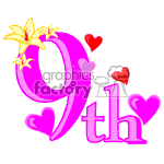 This clipart image features a festive design celebrating a 9th birthday. The number 9 is in a large, stylized font, adorned with pink and red hearts. Above the number, there's a depiction of two golden birds and some decorative stars.