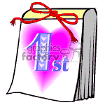 The image is a clipart that features a book with pages tied with a red bow. On the visible page, there is a pink heart with the number '1' and the word 'st' inside of it, indicating a '1st' birthday or anniversary celebration.