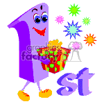 The image features an animated number one character with a face, arms, and legs. The character is purple and has a happy expression with its tongue sticking out. It's holding a wrapped birthday present with a yellow bow. Around the character, there are colorful bursts or fireworks, indicating a celebratory atmosphere. Below the character, the letters st are visible, likely indicating 1st, as in a first birthday or first place.