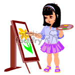 The clipart image depicts a young girl painting a yellow flower on a canvas using a paintbrush, with a painter's palette in her other hand. She's wearing a purple skirt, a blue top, and pink shoes.
