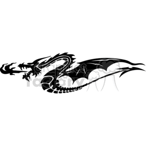 This image depicts a stylized silhouette of a dragon. Elements include a fearsome dragon head with an open jaw and sharp teeth, flames coming from the mouth, large expansive wings, and a long, curved tail. The design has bold, contrasting lines suitable for vinyl cutting, tattoos, or signage.