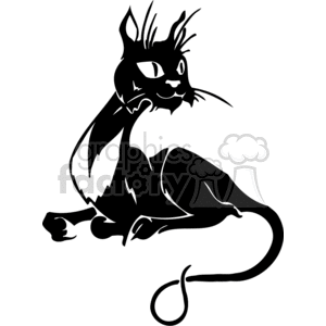The clipart image features a stylized black cat with a distinctive, somewhat exaggerated design that gives it a spooky or mysterious look appropriate for Halloween. The cat appears to have an arched back, with tufts of fur sticking out in a rather wild manner which adds to its eerie appearance. The design is bold and uses solid black shapes, making it suitable for vinyl cutting and signage purposes.