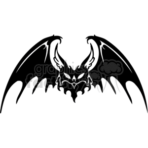 The image depicts a stylized black silhouette of a bat with its wings spread wide as if in flight. The bat has a forward-facing, intricate design with pointed ears, fierce eyes, and a menacing expression that adds to its spooky and scary look, making it ideal for Halloween themed designs.