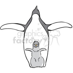 This clipart image features a cute adult penguin with its wings spread out, and a baby penguin standing in front with its wings slightly raised, as if it is being sheltered or embraced by the adult penguin.