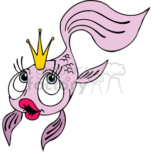 This clipart image features a cartoon fish designed to embody a humorous princess-like character. The fish has large, expressive eyes, painted eyelashes, and red lips that give it a quirky, funny appearance. It sports a stylized golden crown on top of its head, suggesting its royal status. The fish has a pinkish scale pattern and a large flowing tail fin, also in a shade of pink.