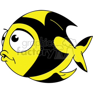 This clipart image features a cartoon representation of a fish with a funny expression. The fish is mainly yellow with black patterns that resemble those on a tropical or ornamental fish, possibly inspired by a tang or an angelfish. It has a large, prominent eye and a puckered mouth, suggesting a surprised or comical look.