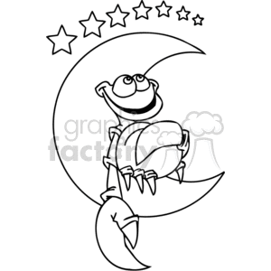 The clipart image depicts a whimsical scene where a crab is sitting atop a crescent moon, surrounded by stars. The crab appears to be in a cheerful or content state, possibly dreaming or lost in thought, as indicated by the dreamy scenario.