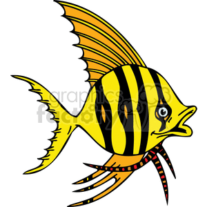 The image is a colorful clipart of a yellow and black striped fish with elongated fins and tails, styled in a cartoonish manner.