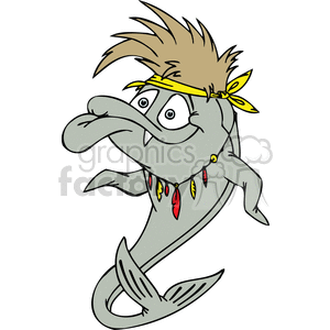 In the clipart image, there's a cartoon fish that appears to be styled as a rock musician or a rocker. The fish has exaggerated human-like features including wild spiky hair, a headband, and an earring dangling from the gill, as well as a necklace with what looks like flame or leaf-shaped charms. The fish displays a lively and cheeky expression, contributing to the humorous aspect of the illustration.