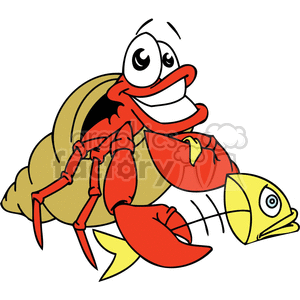 The image depicts a cartoon-style hermit crab with a humorous expression. Its large eyes and wide smile convey a playful or funny demeanor. The crab is holding a yellow fish that appears to be surprised or shocked, as indicated by the fish's wide-open eyes and simple, curved mouth lines suggesting an Oh! expression.
