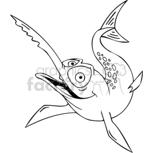 The clipart image depicts a stylized and humorous take on a swordfish, characterized by its long, pointed bill resembling a sword, and a large, exaggerated eye that adds a comical effect to the depiction.