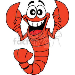 This is a clipart image of a smiling cartoon lobster. The lobster is stylized with large eyes and a wide, grinning mouth, raising its claws in a cheerful gesture.