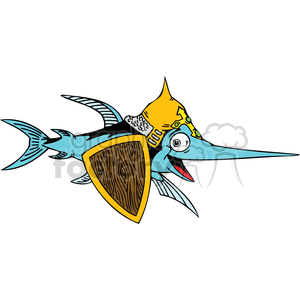 The clipart image shows a whimsical and funny depiction of a fish that appears to be a swordfish, due to its elongated bill. The fish is stylized with human-like eyes and a gaping mouth, giving it an expressive and cartoonish demeanor. Additionally, the fish is wearing a medieval knight's helmet and is carrying a wooden shield, which adds to the humor and absurdity of the image.