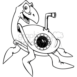 This is a black and white line art of a cartoon turtle with its shell replaced by a submarine hatch. The turtle has an exaggerated, amusing expression, and a periscope extends from the submarine hatch on its back.