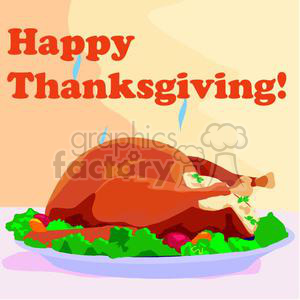 The image displays a cooked turkey that is steaming and ready to be served. It is placed on a bed of green leafy vegetables garnished with red berries or small tomatoes, giving an impression of a festive Thanksgiving dinner. The background features a warm gradient of colors suggesting autumn, with the text Happy Thanksgiving! prominently displayed in a decorative, bold font.