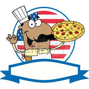 Banner Of A Pleased African American Pizza Chef With His Perfect Pie In Front Of Flag Of USA 