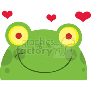 The clipart image features a stylized, cartoon-like representation of a frog's face. The frog has a wide, cheerful smile, large yellow eyes with red pupils, and a green complexion. There are also three hearts floating above the frog's head, suggesting the frog is in love or is feeling very happy and affectionate.