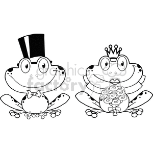 This clipart image depicts two frogs dressed in wedding attire, suggesting they are a bride and groom. The frog on the left is wearing a top hat and a bow tie, and has a joyful expression, suggesting it's the groom. The frog on the right is wearing a crown and holding a bouquet of flowers, which indicates it's the bride. Both frogs are large-eyed and smiling, creating a humorous and whimsical depiction of a frog couple in love.