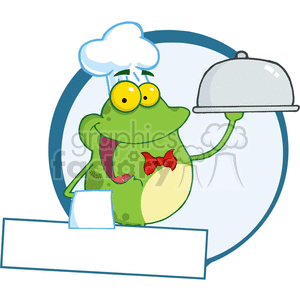 The clipart image features a cartoon frog dressed as a chef, complete with a chef's hat and a red bow tie. The frog appears to be in a happy or excited mood, holding a closed silver serving dome with one hand, suggesting it's ready to reveal a dish. The background includes a circular geometric design with the colors blue and white. In front of the frog, there's a blank banner or nameplate, which can be used to add text or a message. The frog's oversized chef hat and the comical expression make the image appear humorous and light-hearted.