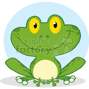 The clipart image features a cartoon-style illustration of a green frog. The frog has large yellow eyes with black pupils, a friendly and slightly mischievous smile, and is sitting down with its limbs spread out. There is a simple blue circular background behind the frog. The frog's skin is a brighter green with darker green spots, and its belly is a lighter, almost yellowish color. The frog's feet are detailed with webbing characteristic of many amphibian species.