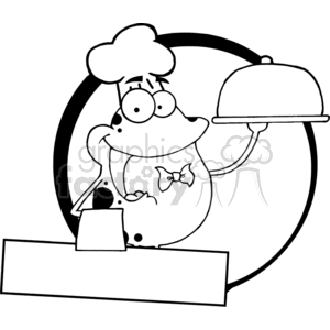 The image is a black-and-white clipart featuring a cartoon frog dressed as a chef. The frog is wearing a chef's hat and a bow tie, and it is holding a covered serving platter. The frog appears to be standing in front of a circular frame or backdrop.