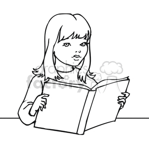 This clipart image depicts a black and white outline drawing of a girl who is reading a book while sitting at a desk.