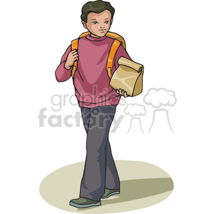Cartoon boy carrying his lunch and backpack