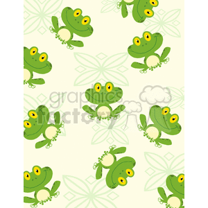 This image features a pattern of whimsical and cartoonish frog characters set against a light green background with subtle floral patterns. The frogs have stylized big eyes and a friendly, cheerful expression, contributing to the funny and playful vibe of the clipart.