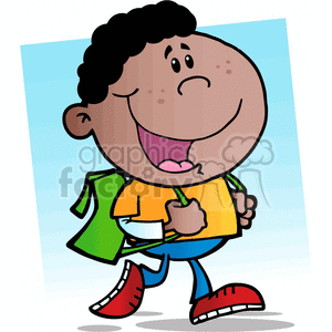 The clipart image depicts a cheerful animated boy walking confidently with a green backpack slung over one shoulder. He has a big, open-mouth smile, curly black hair, and is holding what appears to be a yellow book or folder in front of him. He's wearing a yellow-orange shirt, blue jeans, and red sneakers.
