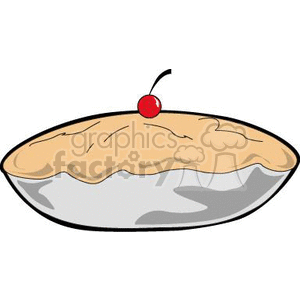 The clipart image depicts a pie with a golden-brown crust, placed in a shallow pie dish. On top of the pie, there is a single red cherry with a stem.
