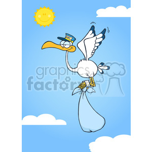 Royalty Free RF Clipart Illustration Cute Cartoon Stork Delivery A Baby Boy In The Sky