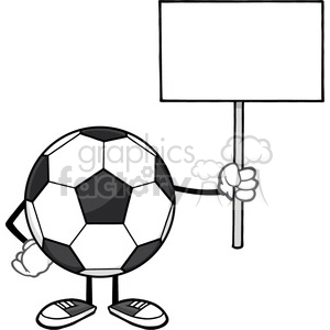 soccer ball faceless cartoon mascot character holding a blank sign vector illustration isolated on white background