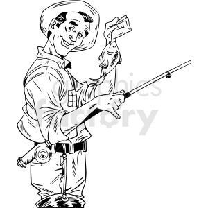 black and white retro guy fishing vector clipart