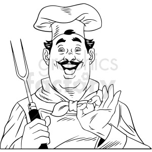 The clipart image shows a male chef dressed in a retro style black and white uniform. He is wearing a chef's hat and holding a fork in one hand and signaling a chef's kiss with the other.
