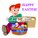 Animated boy decorating easter eggs placing in basket