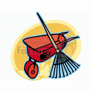 The clipart image features a red wheelbarrow with a single wheel and two handles, positioned at an angle. Inside the wheelbarrow is a garden rake with a long handle and a fan-shaped array of tines at the end. The background includes a stylized yellow circle, giving the impression of light or the sun. The image conveys themes of gardening, yard work, or agriculture during the fall season.