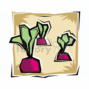The image shows a stylized clipart of three red radishes with green leaves. The radishes are resting on a beige background with a squiggle-style cream border, giving it a playful and artistic look typical of clipart.