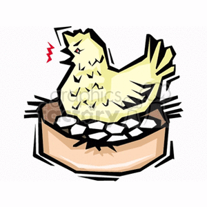 The image is a clipart illustration of a yellow chicken or hen sitting in a nest with eggs. The hen appears to be clucking or calling out, as indicated by the red zigzag speech line coming from its beak. The nest is shown containing several eggs and is placed on a brown surface. The drawing style is simplistic and stylized, typical of clipart.