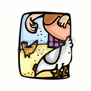 The clipart image shows a stylized depiction of a farm scene. It features a farmer wearing a hat, bandana, and overalls, scattering feed with both hands to chickens on the ground. There's a prominent white chicken in the foreground with brown chickens in the background, all appearing to be pecking at the ground for the feed. The scene suggests a farm setting relevant to poultry farming and agriculture.