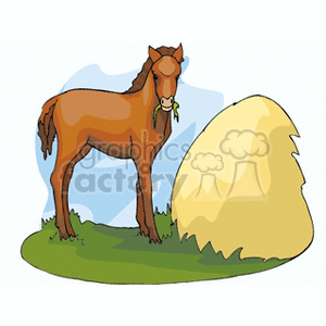 The clipart image depicts a brown horse standing next to a large stack of hay or straw. The horse appears to be munching on a bit of the greenery. It is depicted in a cartoon-like style with a blue and white background that suggests a clear sky, and the horse is standing on a green surface which implies grassy ground.
