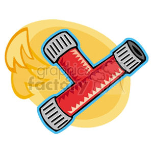 This clipart image depicts a red 3-way hose connector, which typically is used for splitting a single garden hose connection into three separate lines. The background has a stylized representation of fire or flame, which suggests the item may be related to fire control or could be a metaphor for distributing resources in a pressure situation. It might be used to illustrate themes of garden irrigation, fire safety, or home firefighting solutions.