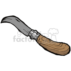 This clipart image depicts a curved single-edged blade tool, possibly a sickle or a billhook, which is used in agriculture to harvest grain crops or for cutting thick vegetation respectively. It has a wooden handle, and the blade is affixed to the handle with metal fastenings.